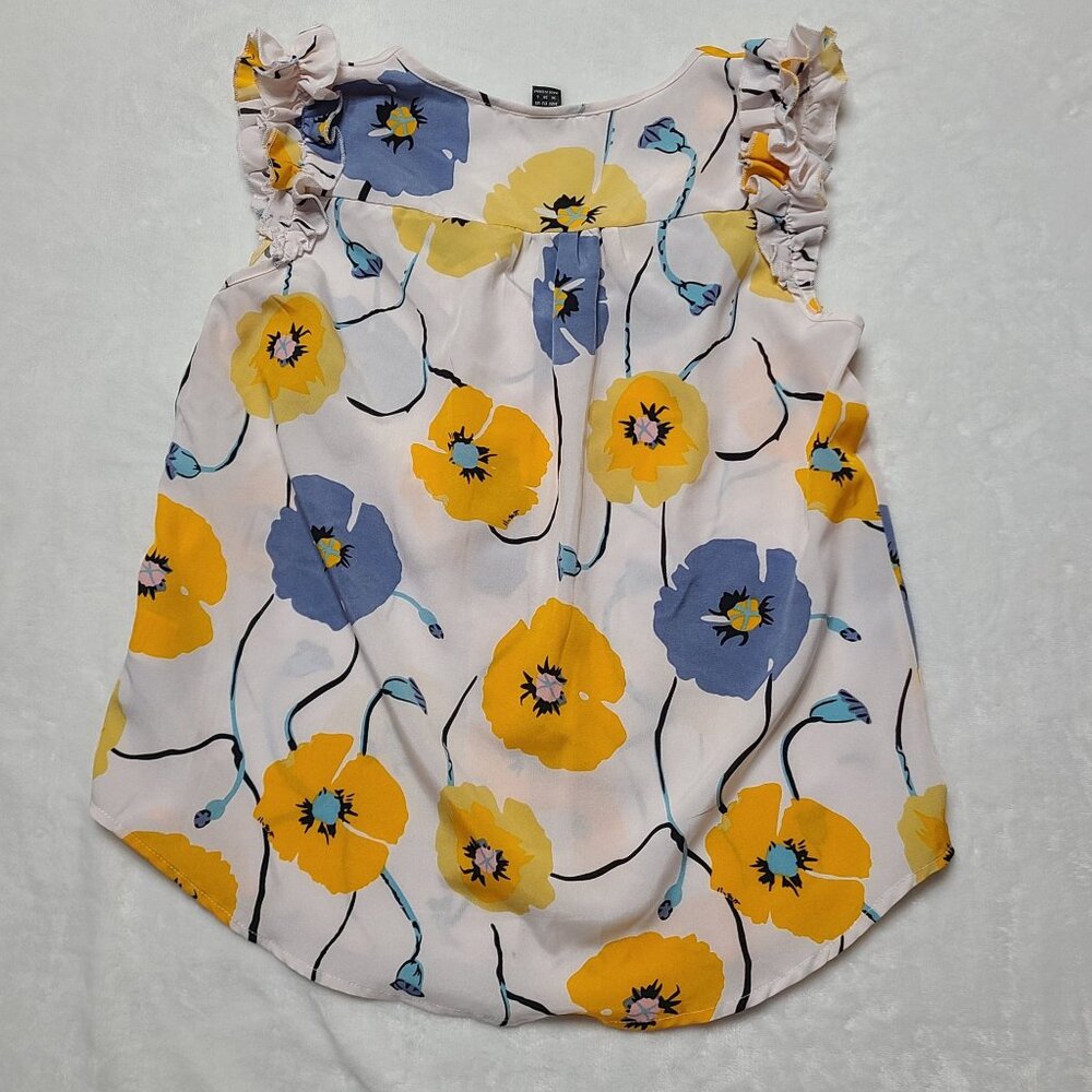 Shein Womens Size M Floral Sleeveless Blouse Yellow & Blue Flowers Ruffle Trim - Picture 5 of 8